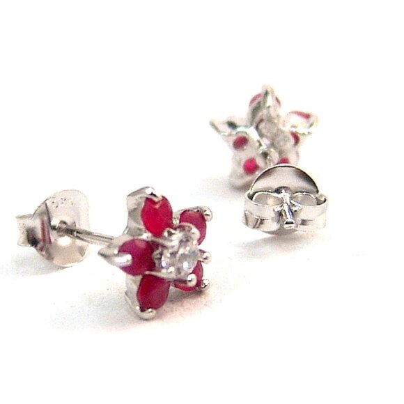 Genuine Ruby Sterling Silver Stud Earrings Anti-tarnish Flower Design - Picture 3 of 4